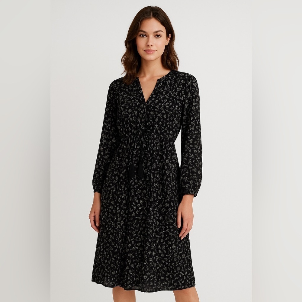Old Navy Dress Black Jack Floral Pintuck Long Sleeve Boho Peasant Tassel Medium